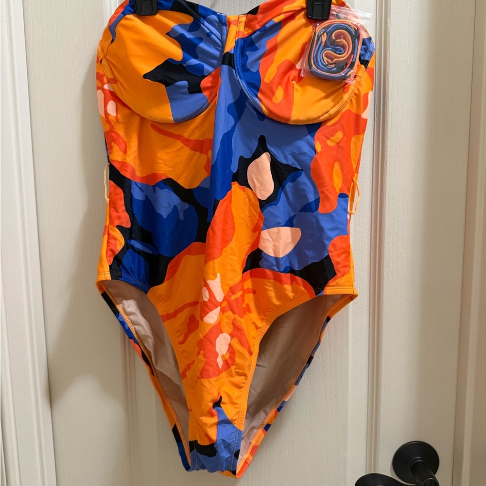 Orange and Blue Floral One Piece Swimsuit with Glossy Finish